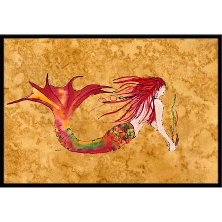 Carolines Treasures Ginger Red Headed Mermaid On Gold Indoor and Outdoor Mat- 24 x 36 in. 8727JMAT